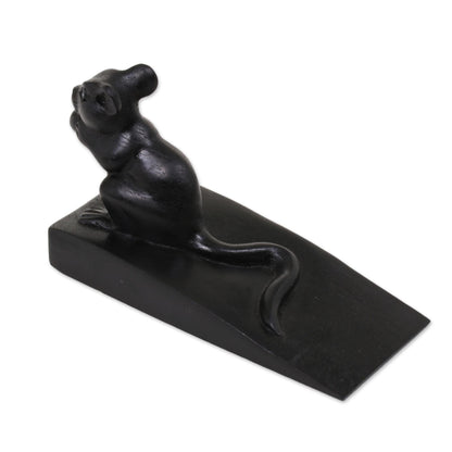 Charming Mouse in Black Hand Carved Suar Wood Mouse Door Stopper in Black from Bali