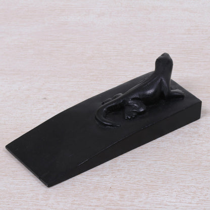 Handy Gecko in Black Hand Carved Suar Wood Lizard Door Stopper in Black from Bali