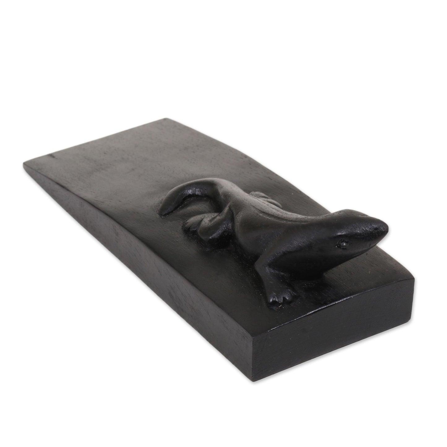 Handy Gecko in Black Hand Carved Suar Wood Lizard Door Stopper in Black from Bali