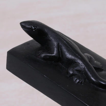 Handy Gecko in Black Hand Carved Suar Wood Lizard Door Stopper in Black from Bali