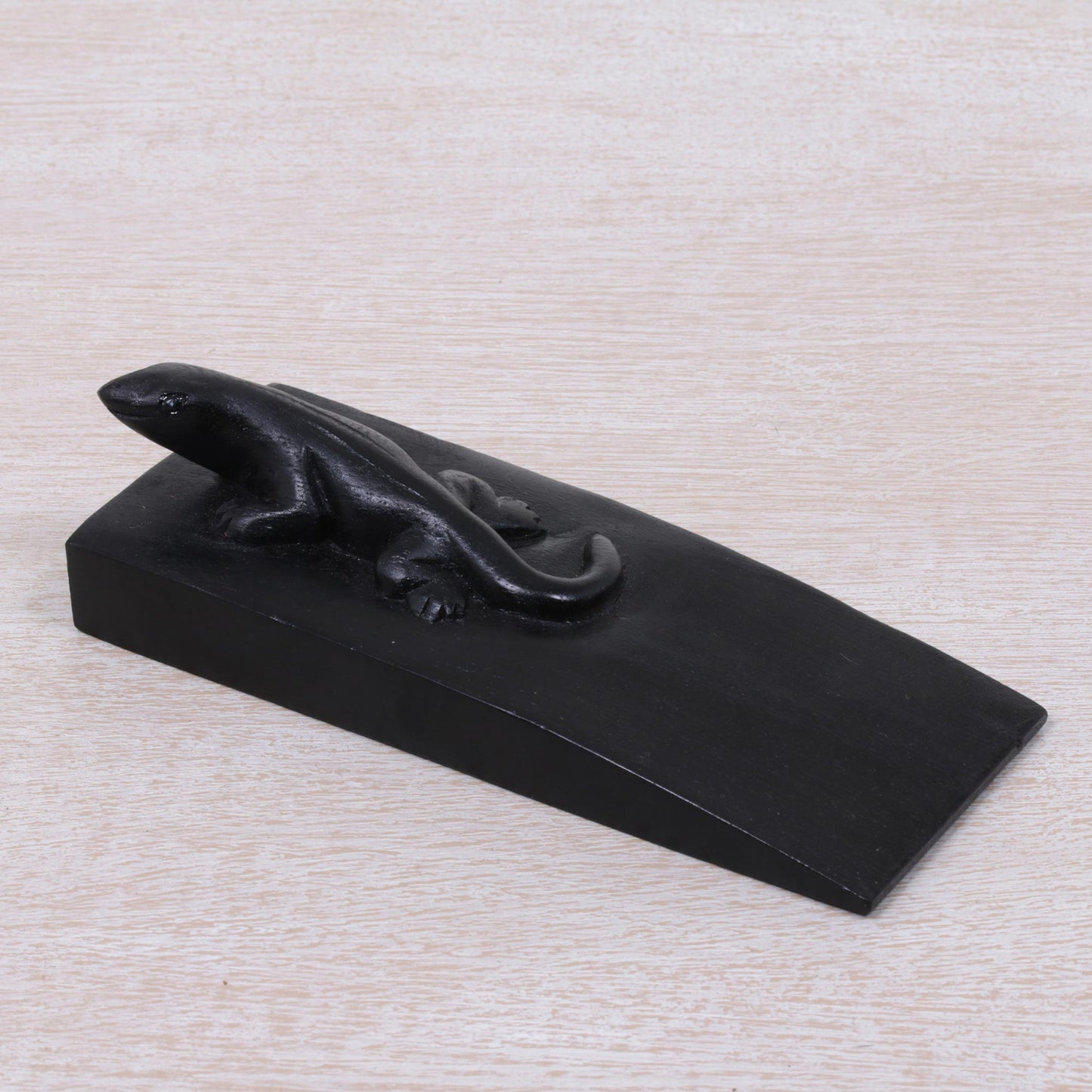 Handy Gecko in Black Hand Carved Suar Wood Lizard Door Stopper in Black from Bali