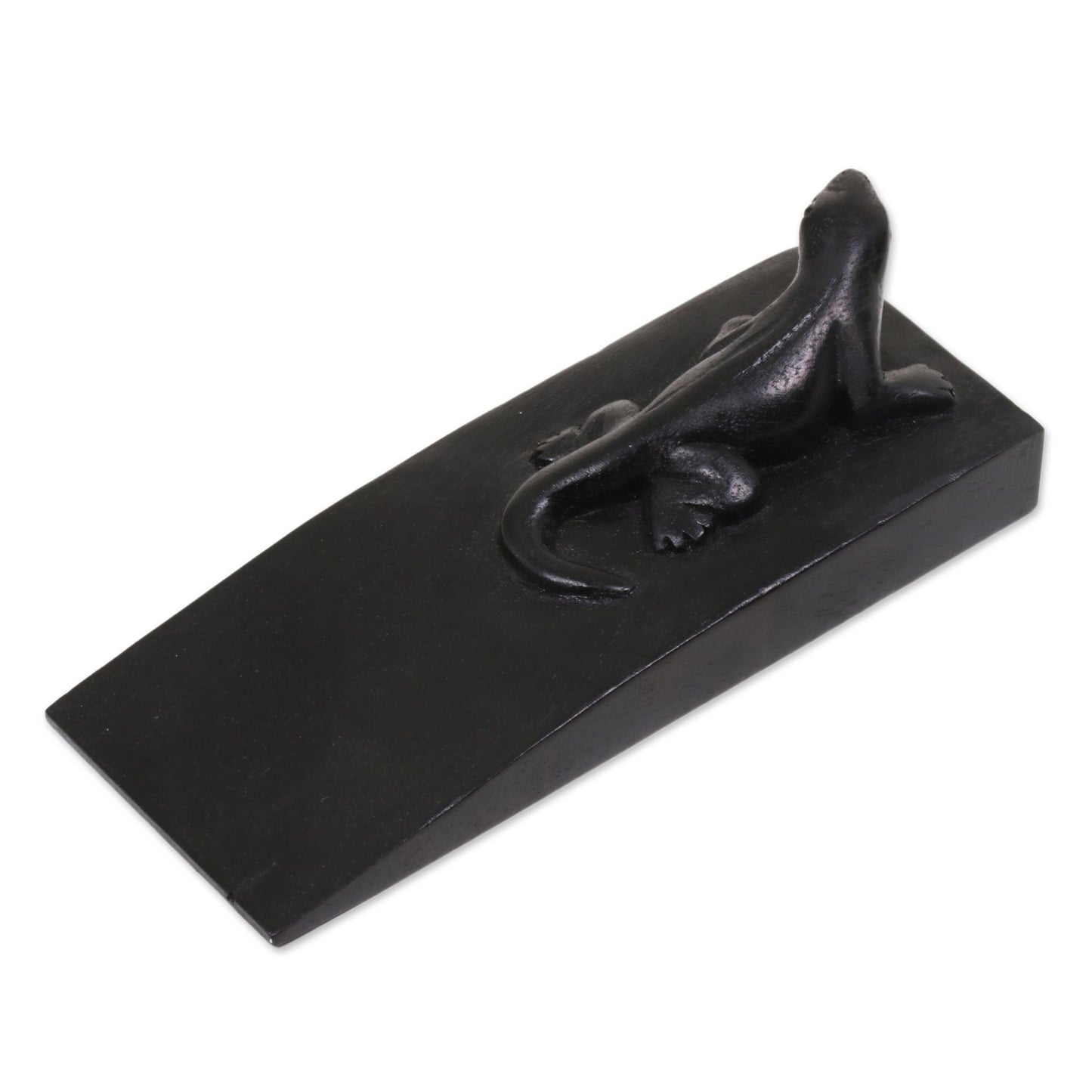 Handy Gecko in Black Hand Carved Suar Wood Lizard Door Stopper in Black from Bali