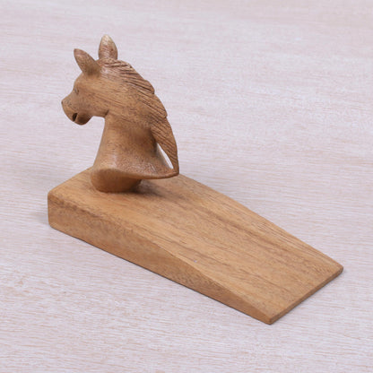 Handy Horse in Brown Hand Carved Suar Wood Horse Door Stopper in Brown from Bali