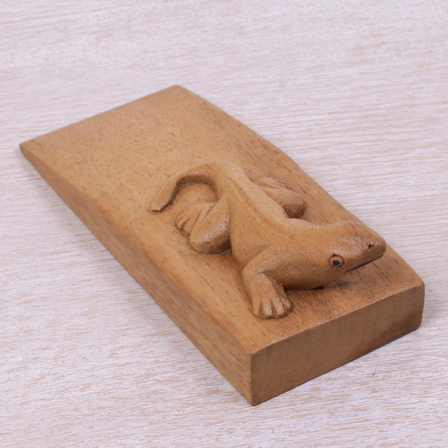 Handy Gecko in Brown Hand Carved Suar Wood Lizard Door Stopper in Brown from Bali