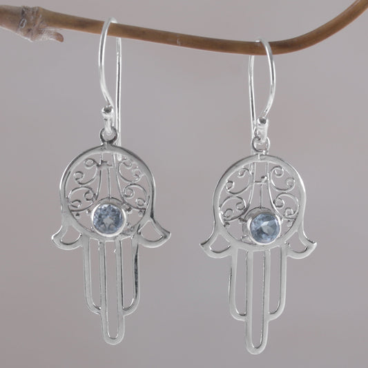 Hamsa Swirls Blue Topaz and Sterling Silver Hamsa Hand Dangle Earrings