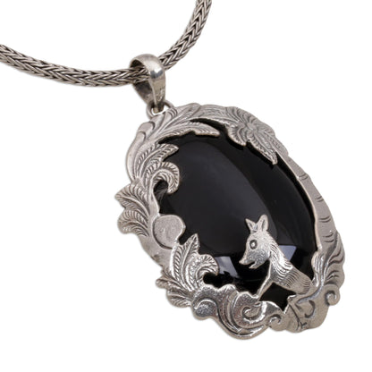 Wondrous Garden Animal-Themed Silver and Onyx Pendant Necklace from Bali