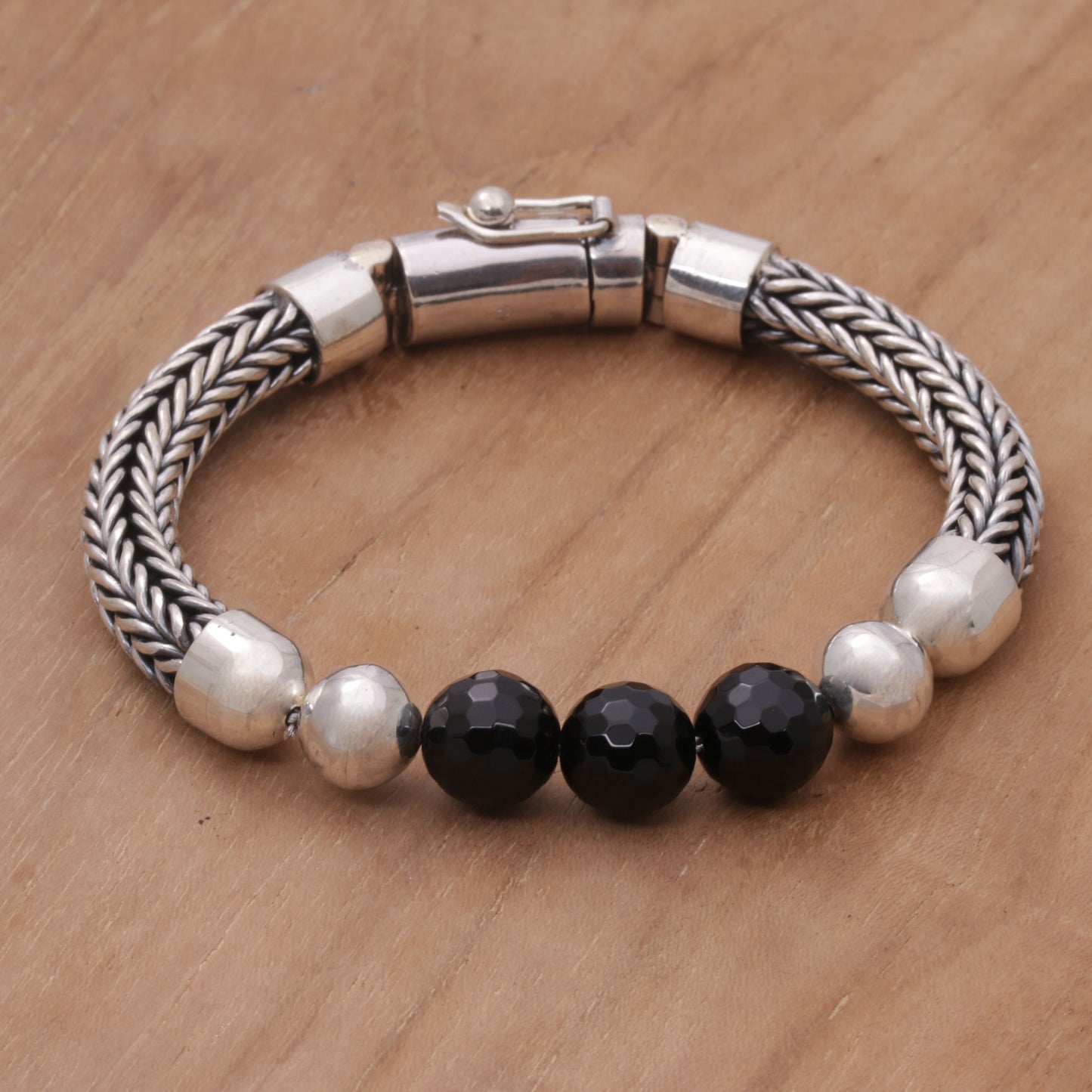 Bold Elegance Onyx and Sterling Silver Beaded Chain Bracelet from Bali