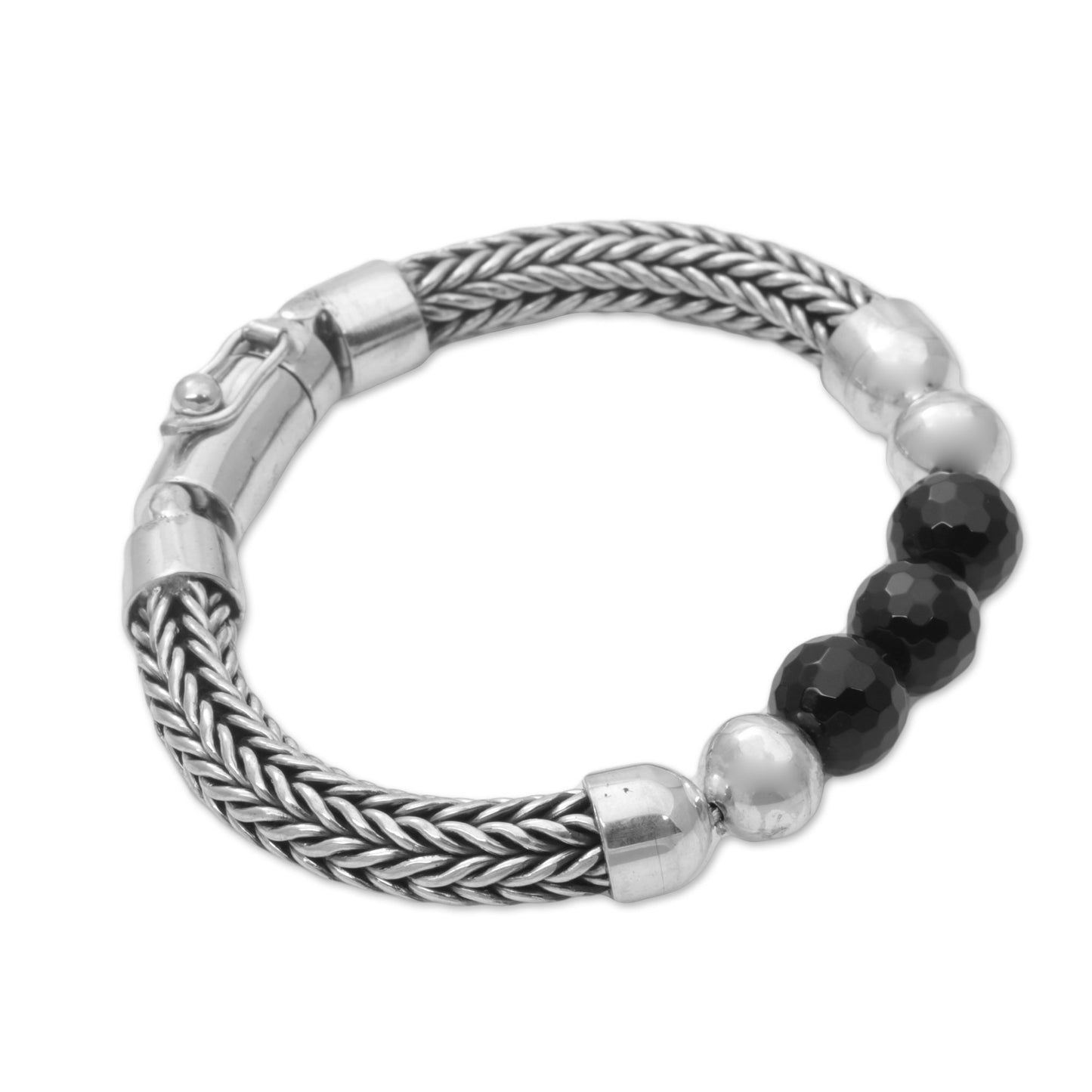 Bold Elegance Onyx and Sterling Silver Beaded Chain Bracelet from Bali