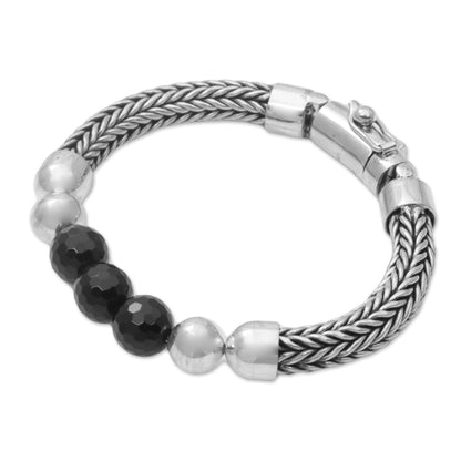 Bold Elegance Onyx and Sterling Silver Beaded Chain Bracelet from Bali