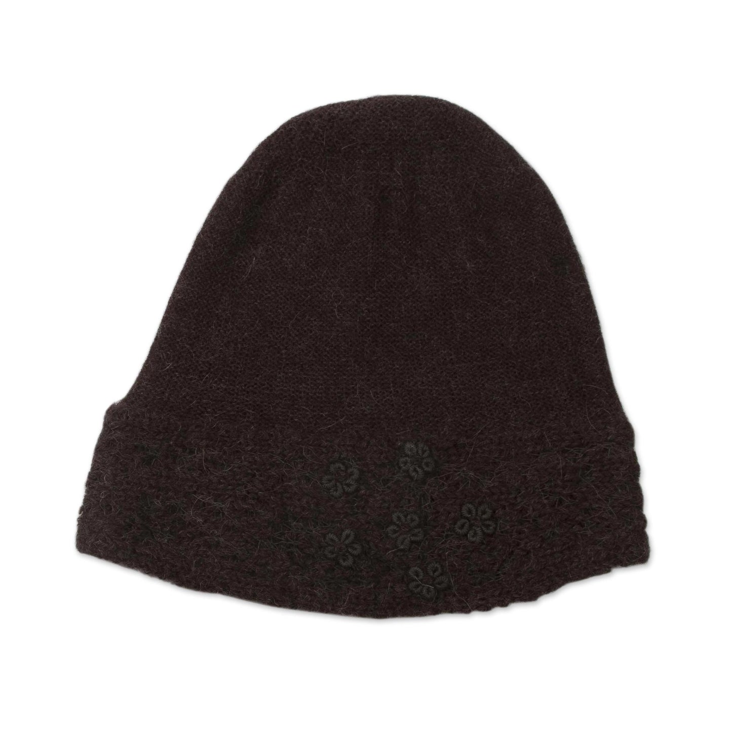 Flowery Hillside in Chocolate 100% Alpaca Embroidered Floral Hat in Chocolate from Peru