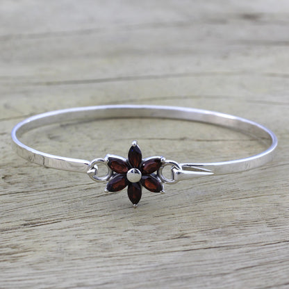 Marquise Flower Garnet and Sterling Silver Floral Bracelet from India