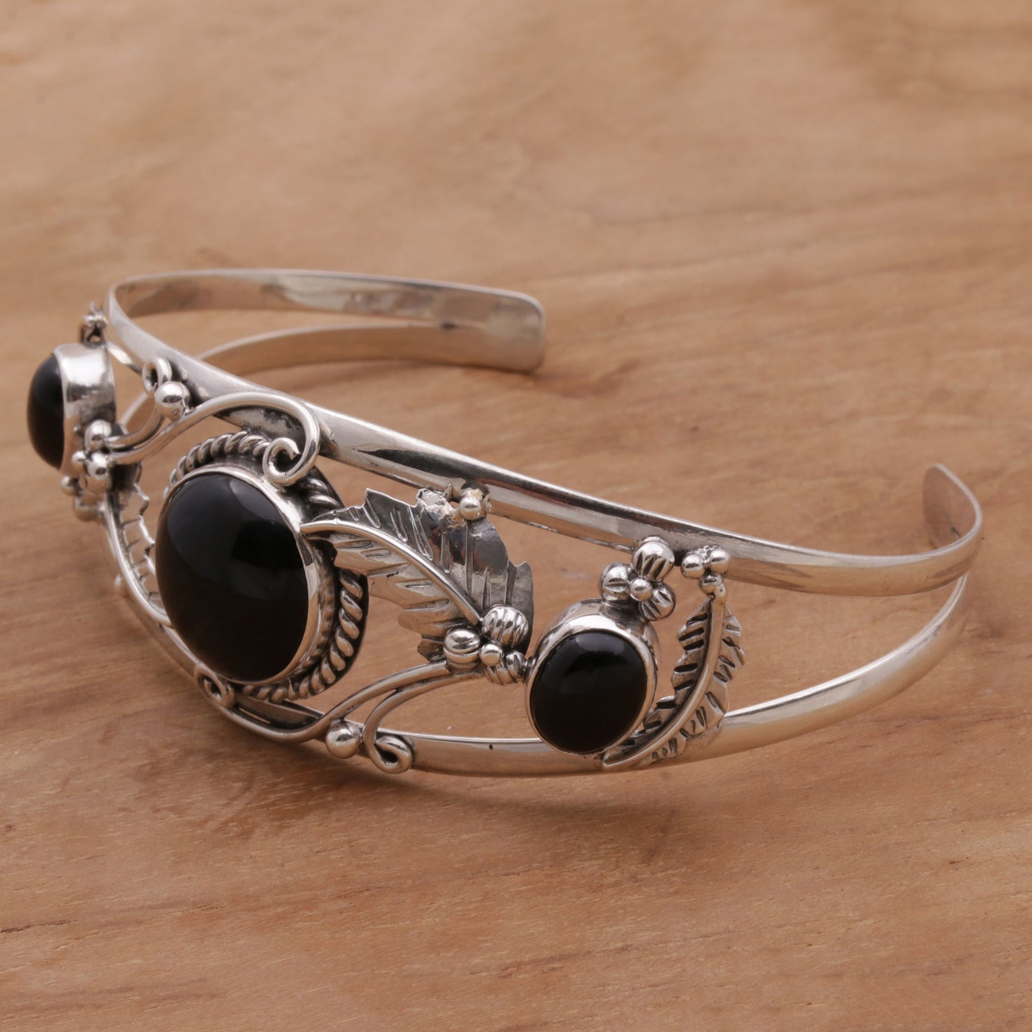 Night Leaves Onyx and Sterling Silver Leafy Cuff Bracelet from Bali