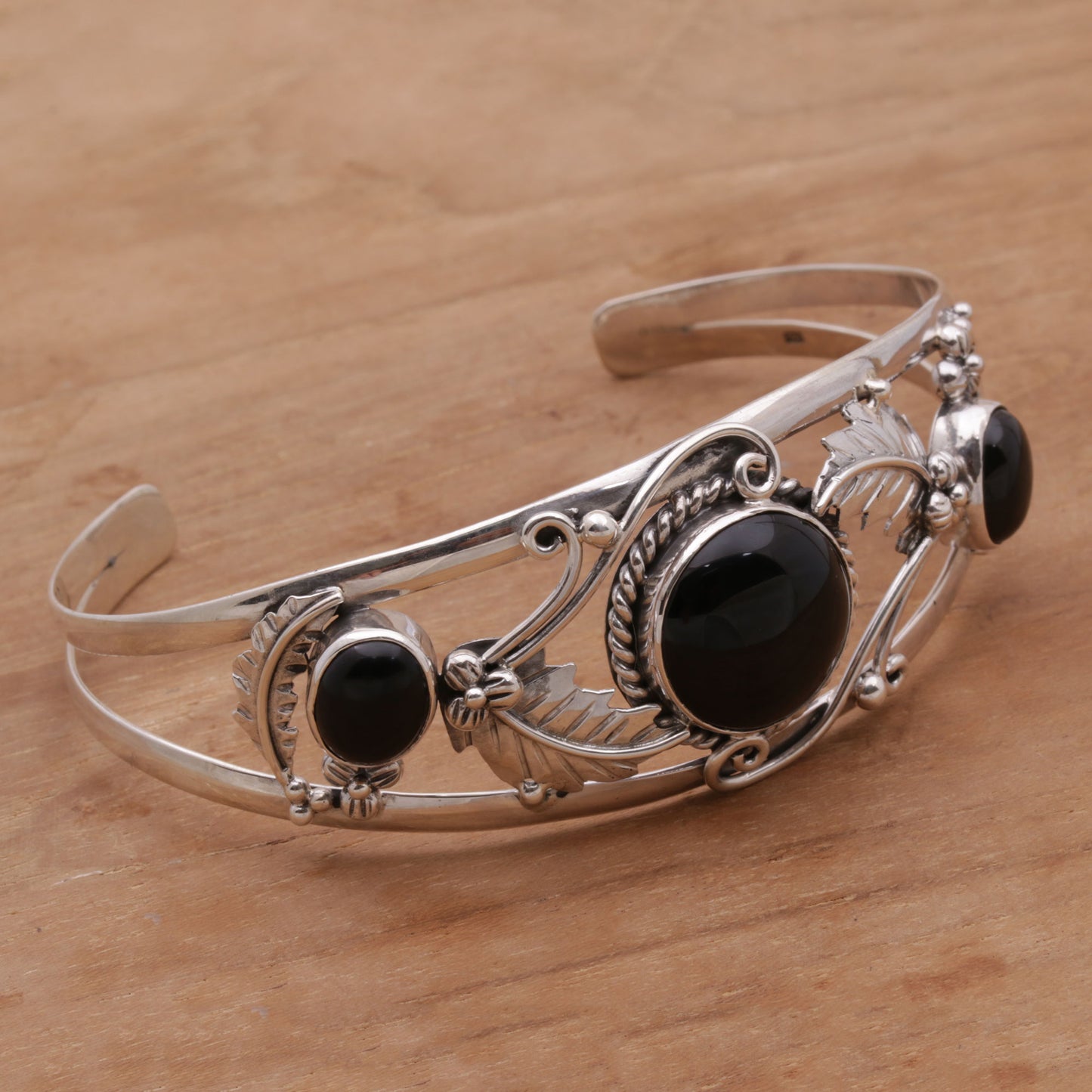 Night Leaves Onyx and Sterling Silver Leafy Cuff Bracelet from Bali