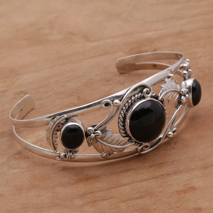 Night Leaves Onyx and Sterling Silver Leafy Cuff Bracelet from Bali