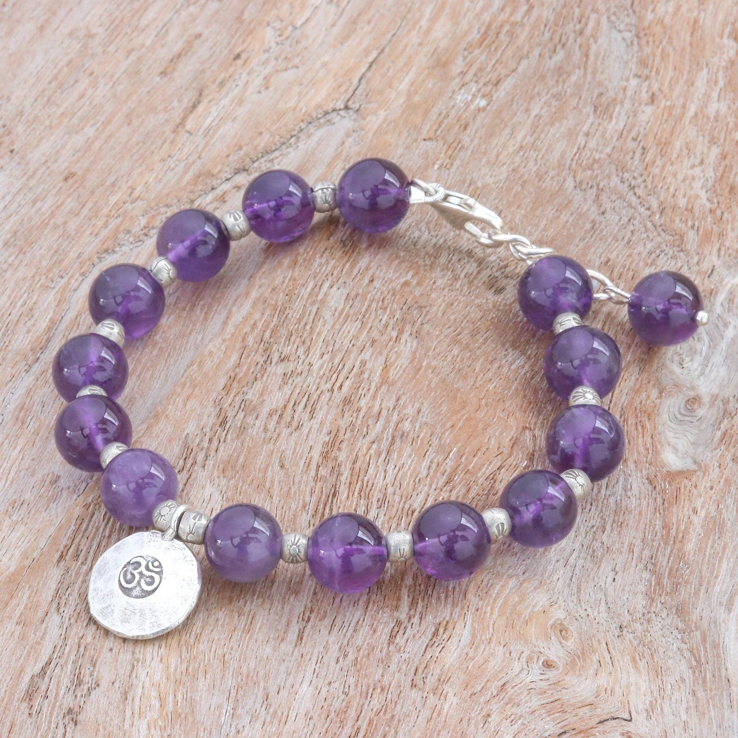 Planetary Om Karen Silver and Amethyst Beaded Bracelet from Thailand