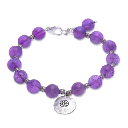 Planetary Om Karen Silver and Amethyst Beaded Bracelet from Thailand