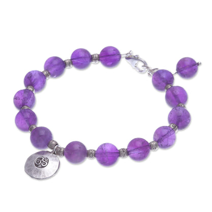 Planetary Om Karen Silver and Amethyst Beaded Bracelet from Thailand