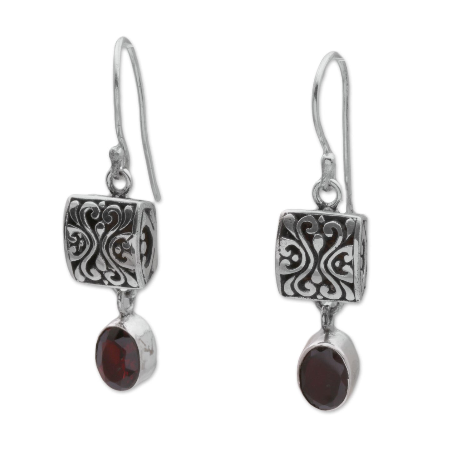 Red Horizon Sterling Silver and Garnet Dangle Earrings from Bali