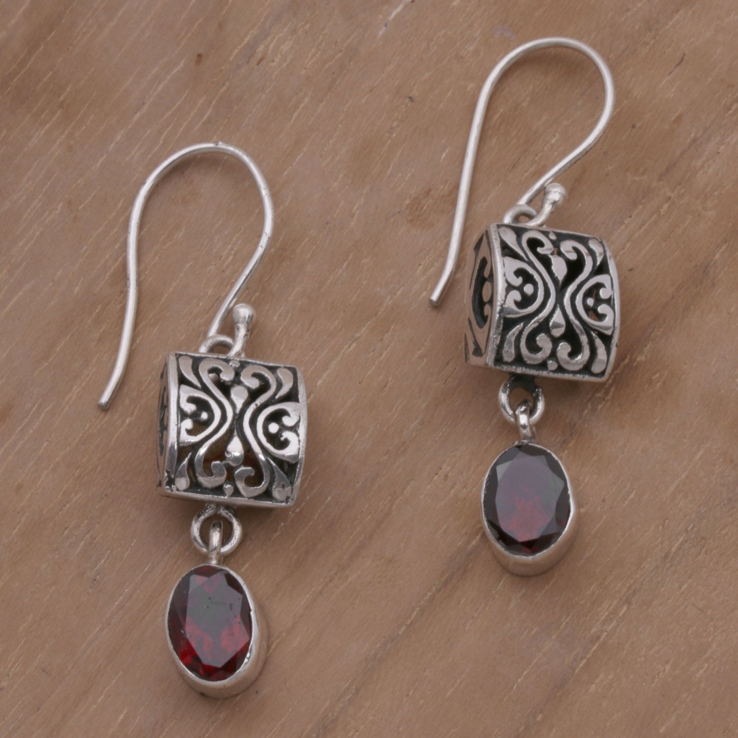 Red Horizon Sterling Silver and Garnet Dangle Earrings from Bali