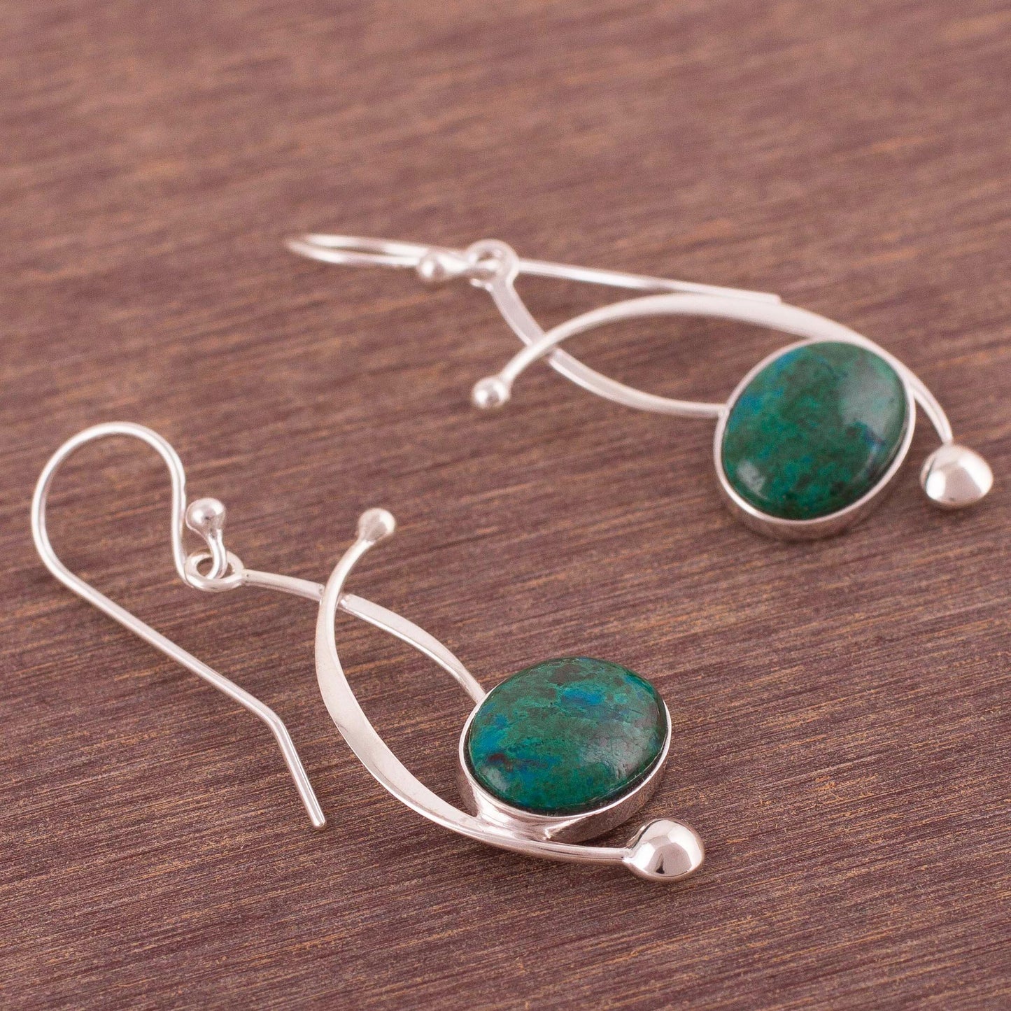 Crescent Eyes Chrysocolla and Sterling Silver Dangle Earrings from Peru