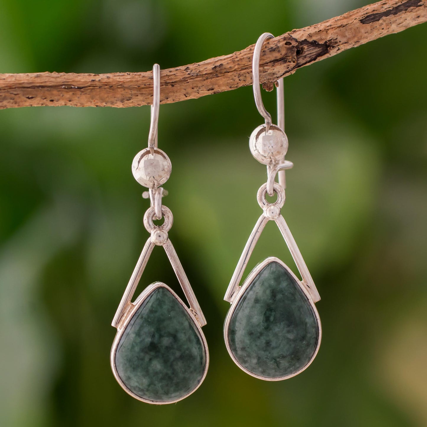 Drops of Peace Green Jade and Sterling Silver Teardrop Earrings from Mexico