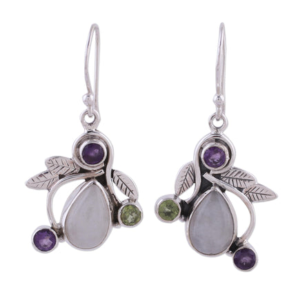 Luminous Beauty Rainbow Moonstone, Amethyst and Peridot Earrings from India