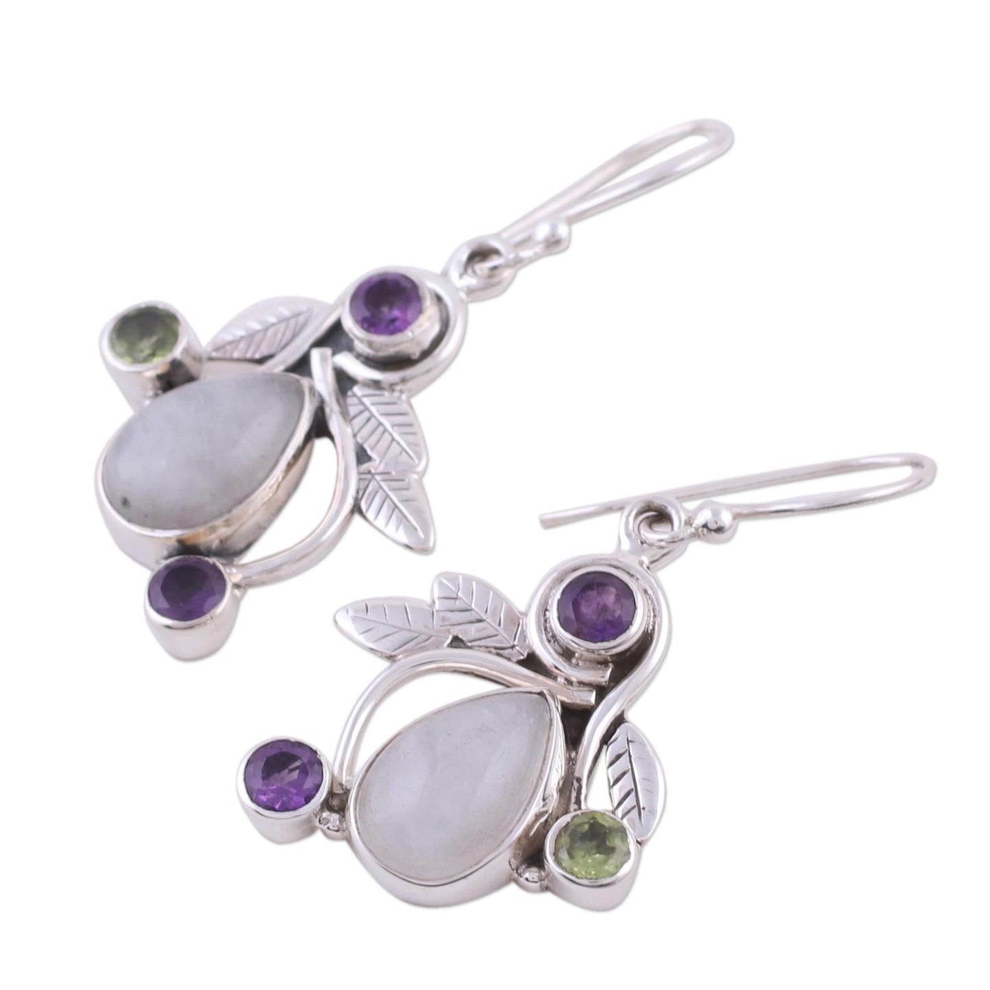 Luminous Beauty Rainbow Moonstone, Amethyst and Peridot Earrings from India