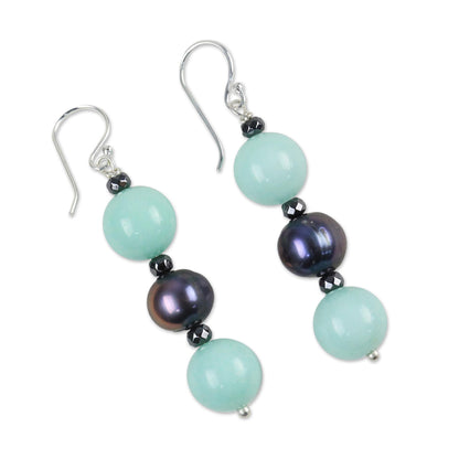 Black Center Cultured Pearl and Quartz Multi-Gem Earrings from Thailand