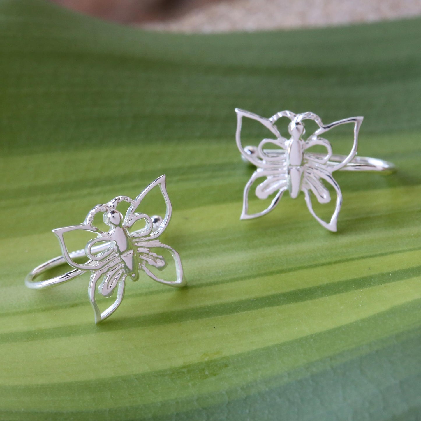 Demure Butterflies 925 Silver Butterfly Ear Cuffs Artisan Crafted in Thailand