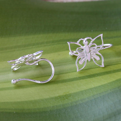 Demure Butterflies 925 Silver Butterfly Ear Cuffs Artisan Crafted in Thailand