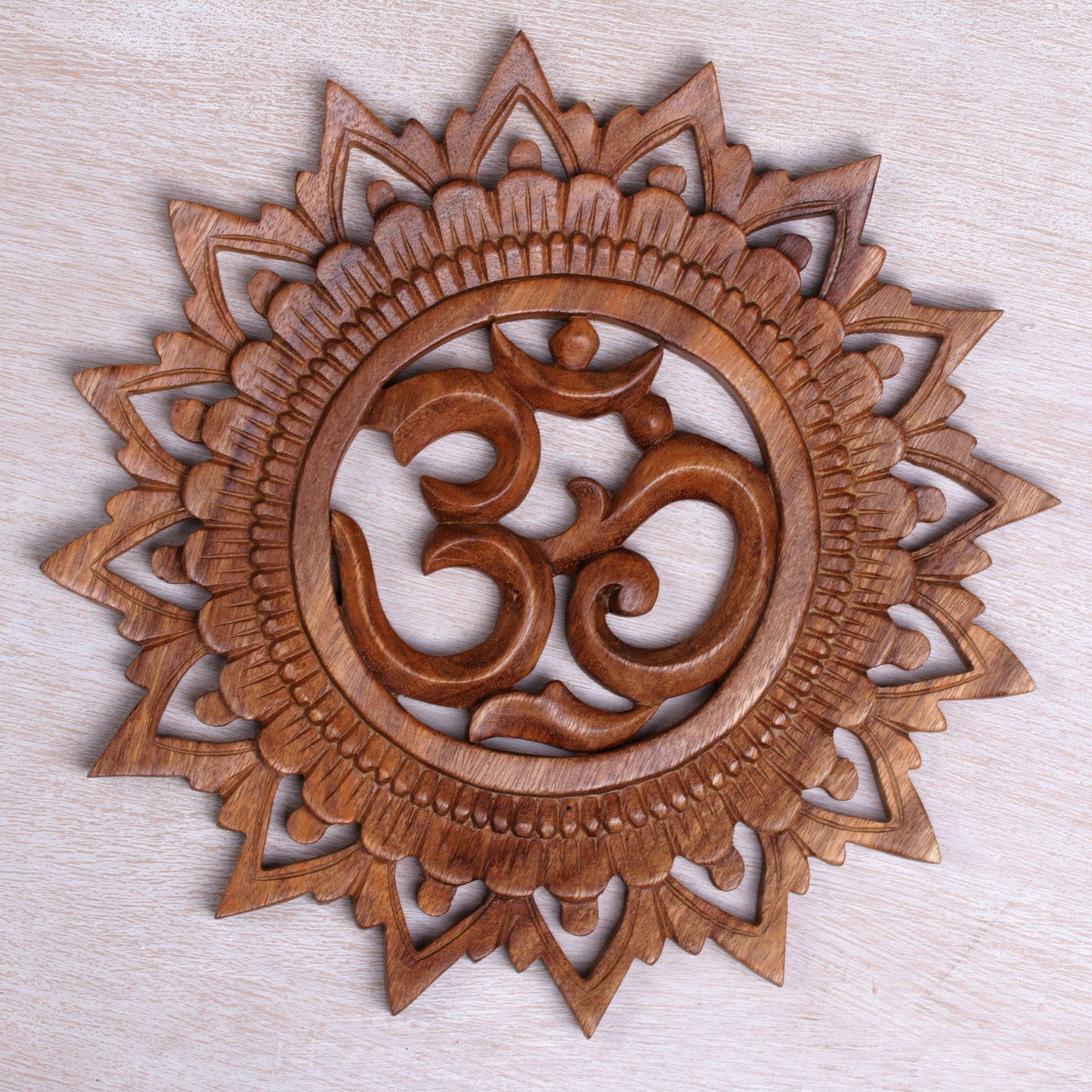 Om Bloom Hand Carved Suar Wood Om Relief Panel from Bali