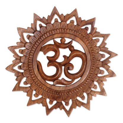 Om Bloom Hand Carved Suar Wood Om Relief Panel from Bali