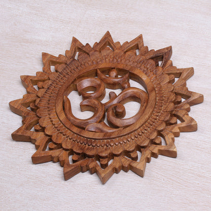 Om Bloom Hand Carved Suar Wood Om Relief Panel from Bali