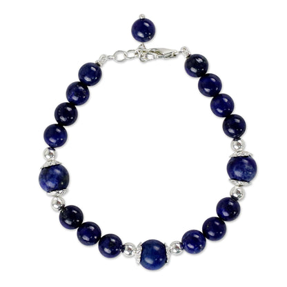 Floral Deep Thai Lapis Lazuli and Sterling Silver Beaded Bracelet