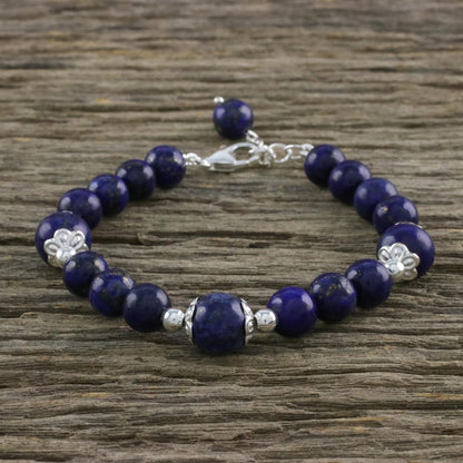 Floral Deep Thai Lapis Lazuli and Sterling Silver Beaded Bracelet