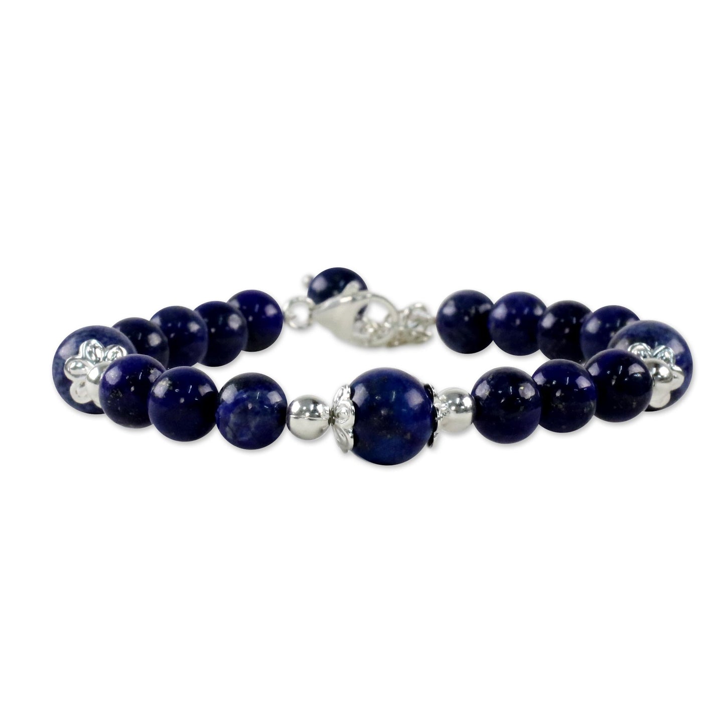 Floral Deep Thai Lapis Lazuli and Sterling Silver Beaded Bracelet