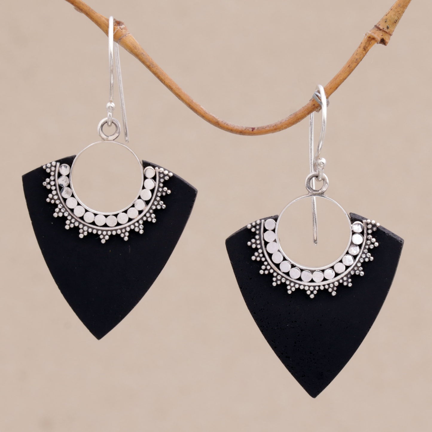 Dotted Arrows Sterling Silver and Lava Stone Pointed Earrings from Bali