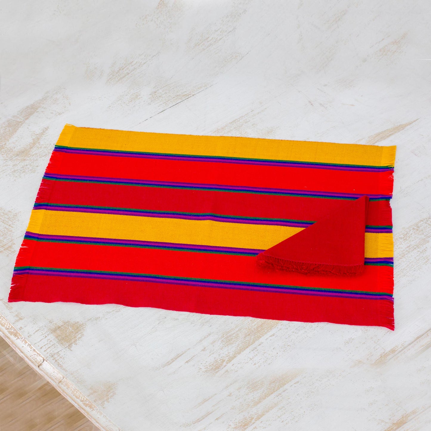 Country Sunset Set of 6 Striped Cotton Placemats and Napkins from Guatemala