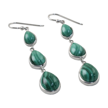 Salt Water Drops Silver and Malachite Dangle Earrings from Thailand