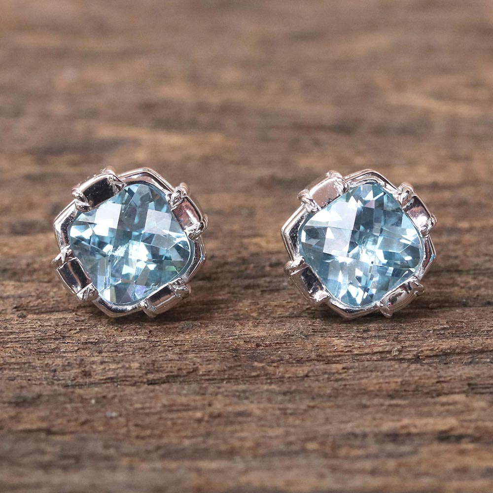 Peaceful Paradise Blue Topaz & Silver Button Earrings