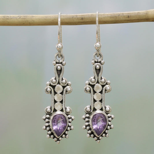 Droplet Dreams Sterling Silver and Teardrop Amethyst Earrings from India