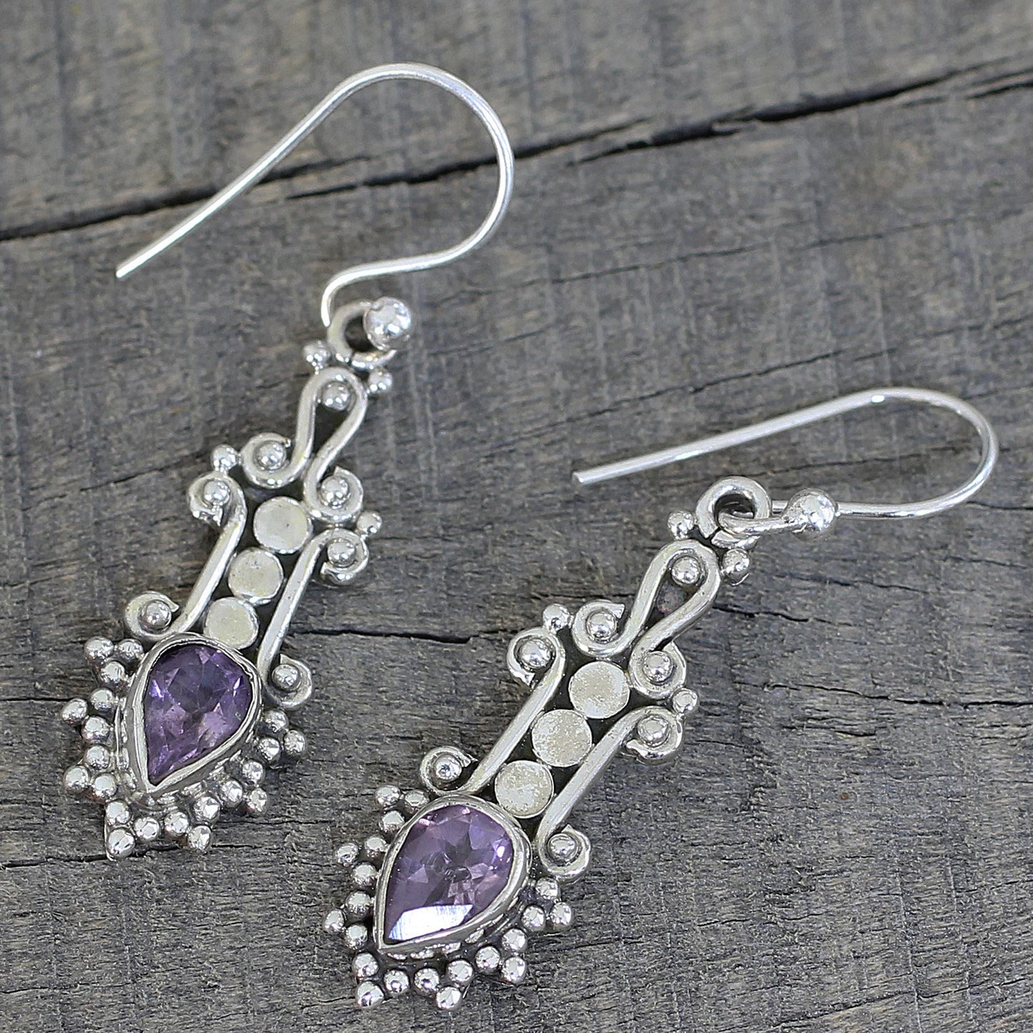 Droplet Dreams Sterling Silver and Teardrop Amethyst Earrings from India