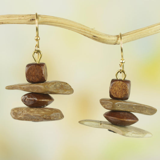 African Monolith Sese Wood Coconut Shell and Plastic Earrings from Ghana