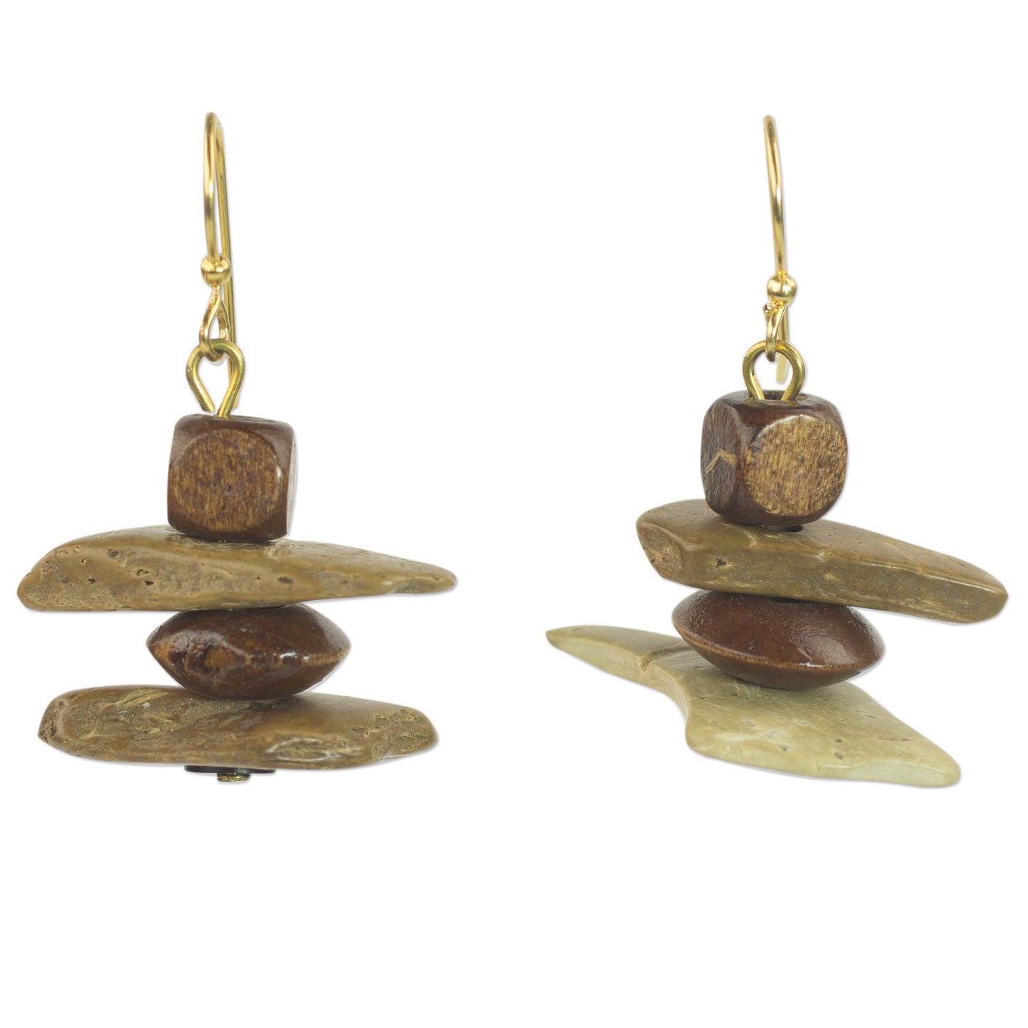 African Monolith Sese Wood Coconut Shell and Plastic Earrings from Ghana