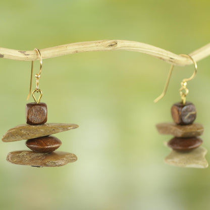 African Monolith Sese Wood Coconut Shell and Plastic Earrings from Ghana