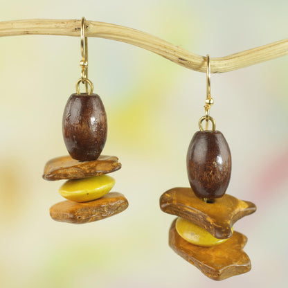 Yellow Prosperity Sese Wood and Coconut Shell Dangle Earrings from Ghana