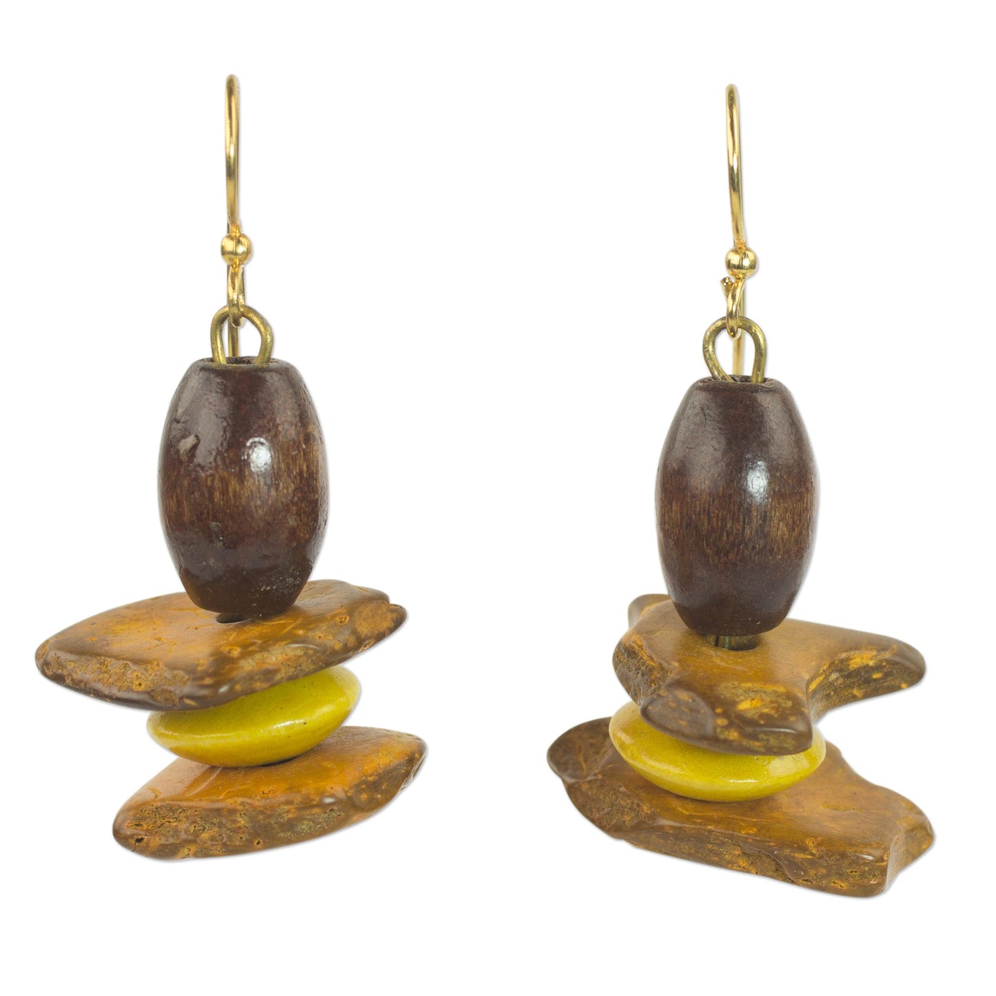 Yellow Prosperity Sese Wood and Coconut Shell Dangle Earrings from Ghana