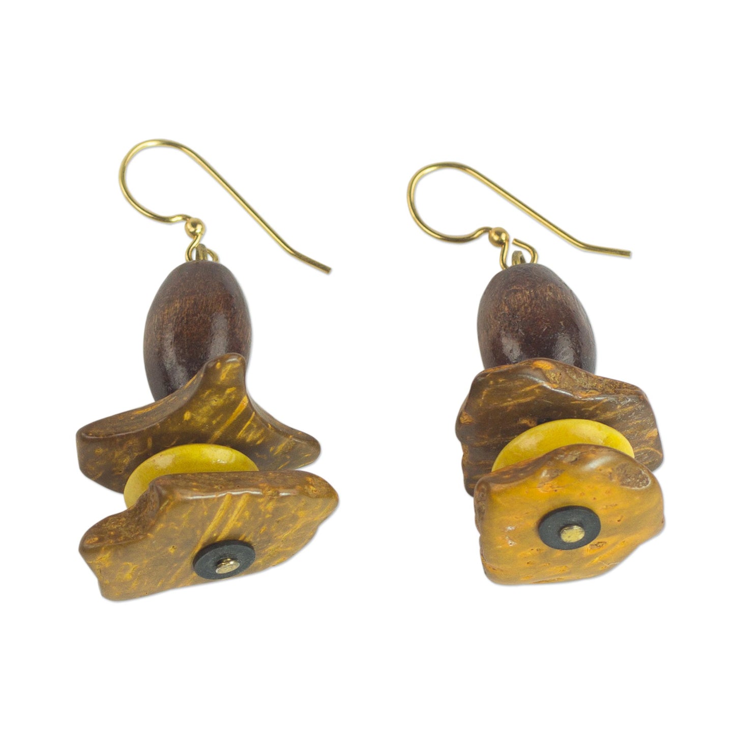 Yellow Prosperity Sese Wood and Coconut Shell Dangle Earrings from Ghana