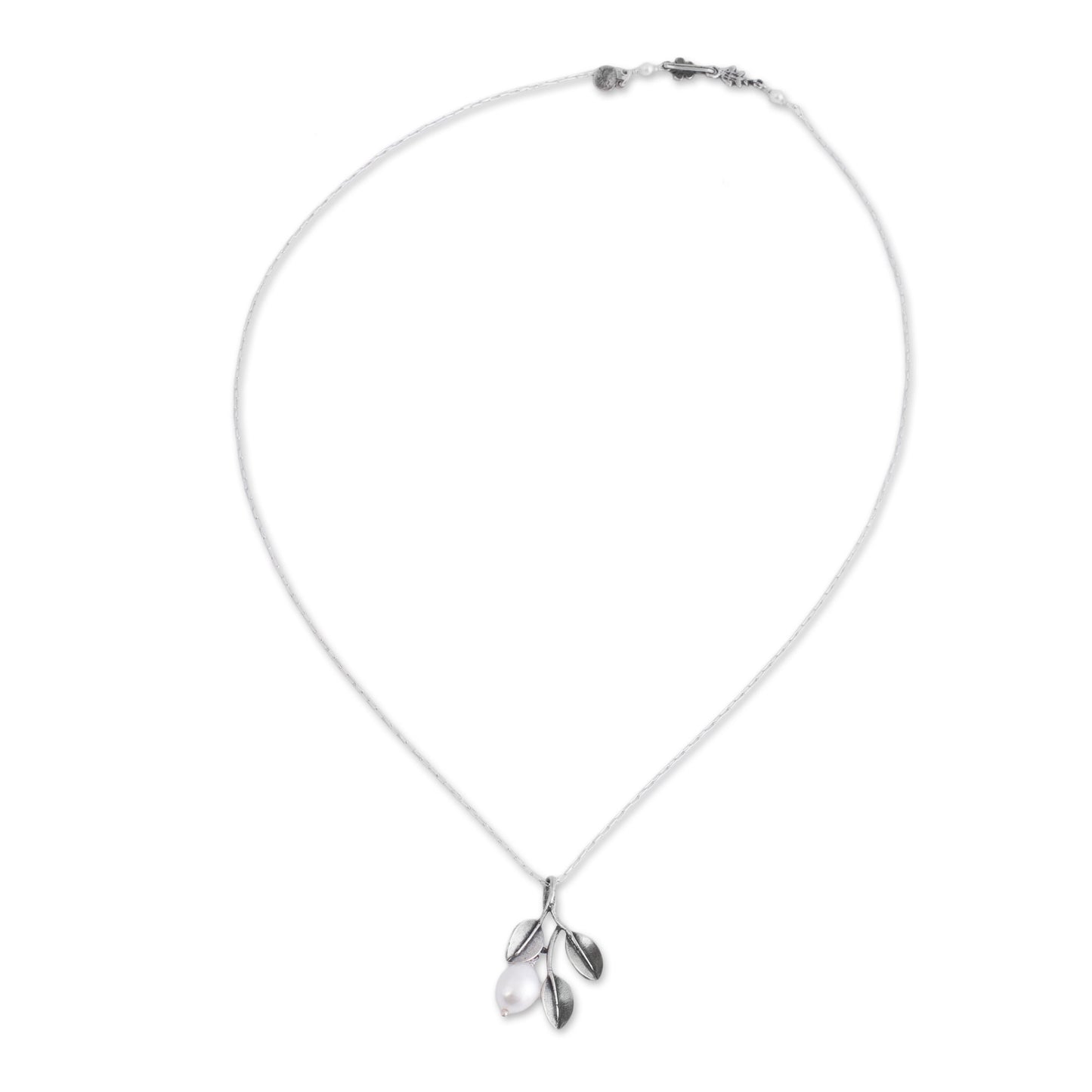 Iridescent Pear Mexican Necklace with Cultured Pearl and 925 Silver Leaves