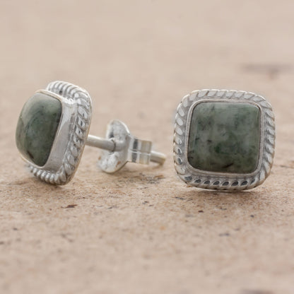 Love Lassos in Green Jade and Sterling Silver Rope Motif Earrings from Guatemala